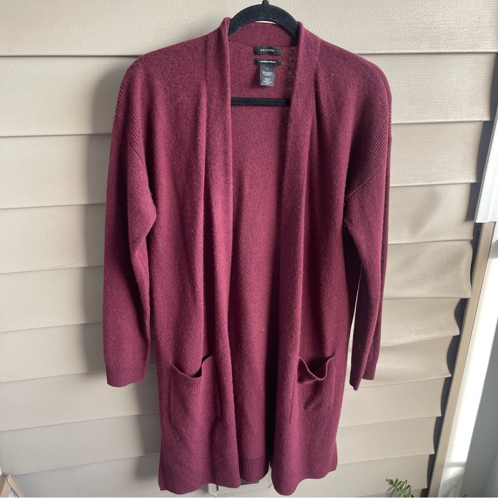 Halogen Cashmere Wool Cardigan Small Long Duster Pockets Burgundy Open‎